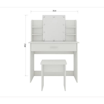White One Drawer Dresser Vanity Table with Open Shelves, Adjustable Mirror & Matching Stool, Compact