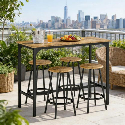 5-Piece Rustic Brown & Black Counter Set, MDF Table & 4 Metal Frame Stools with Foot Pads