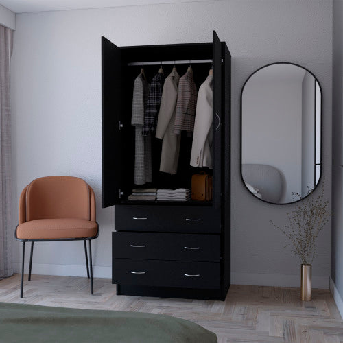 Armoire, with 2 doors, 3 drawers and 1 hanging rod, Black