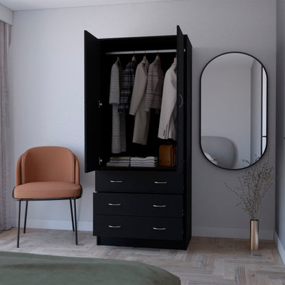 Armoire, with 2 doors, 3 drawers and 1 hanging rod, Black