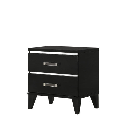 Black Nightstand with 2 Drawers & Wooden Tapered Legs