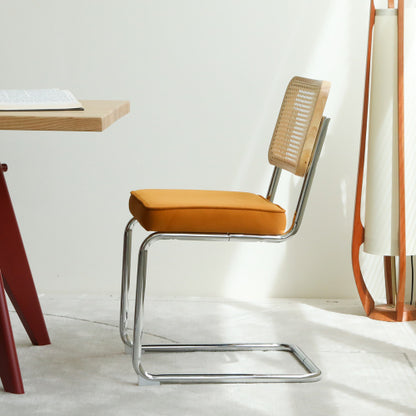 Set of 2 Orange Velvet Rattan Cantilever Dining Chairs, Chrome Tubular Steel Breuer Stackable Side Chairs