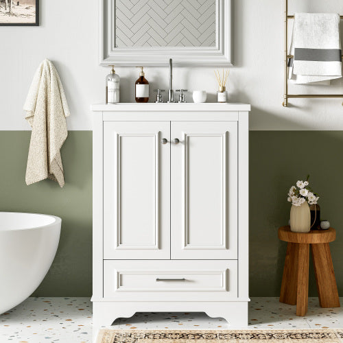 24'' Bathroom Vanity with Ceramic Sink Combo, Modern Freestanding Storage Cabinet with Silver Handles, Soft Closing Doors