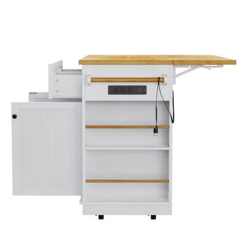 48inch Kitchen Island with 2 Bar Stools, Power Outlet, Door Internal Storage Rack, Kitchen Storage Cart on 5 Wheels with Drop Leaf, 5 Side Racks, 2 Drawers,White