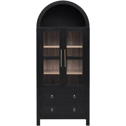 71 Inch Black Arched Glass Door Kitchen Pantry Storage Cabinet
