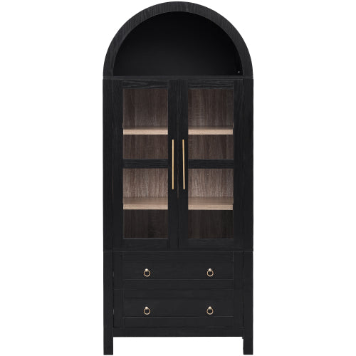 71 Inch Black Arched Glass Door Kitchen Pantry Storage Cabinet