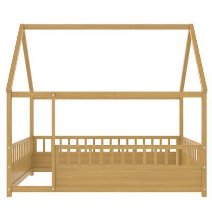 Full Size Floor Wooden Bed with House Roof Frame, Fence Guardrails(Full,Natural)