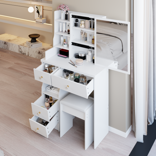 29.2" Small Space Left Drawer Desktop Vanity Table + Cushioned Stool, Extra Large Right sliding mirror, Multi Layer High Capacity Storage, Practical Fashionable Dresser, Suitable For Small Space