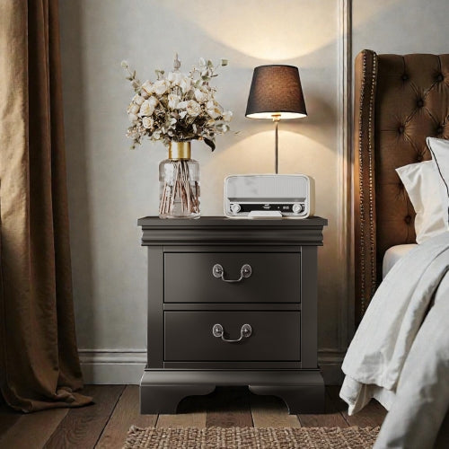 Black Classic 2-Drawer Wooden Nightstand