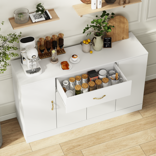 Sideboard Buffet Cabinet with Storage, Large Kitchen Storage Cabinet with 1 Drawer and 4 Doors, Modern Coffee Bar for Kitchen Dining Room, White