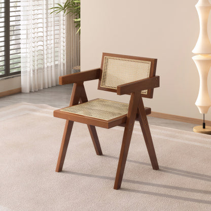 Modern Mid Century Rattan Accent Dining Chair with Armrests, Brown Finish for Living Room & Dining Room