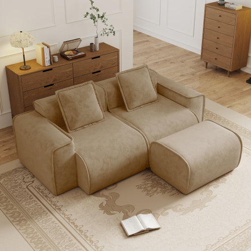 Brown Velvet 2-Seat L-Shape Modular Boneless Sofa, Ottoman & Pillows