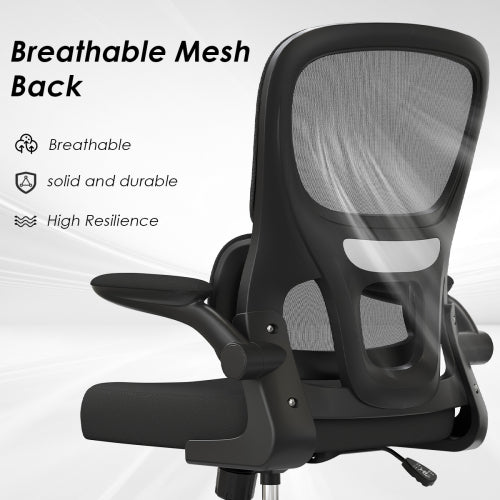 Office Chair, Mesh Ergonomic Office Chair with Lumbar Support, Comfy Computer Desk Chair with Flip Armrest Rolling Wheels for Home Study Room Office, Black & Black