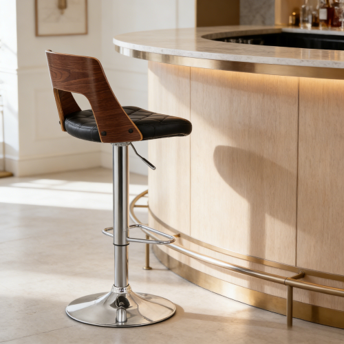 Bentwood Contemporary Modern Stylish Wood Back Adjustable Swivel Bar Stool with Diamond Quilted Finish Curved Seat and Back