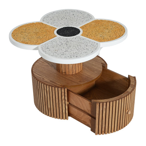 Four-Leaf Clover Side Table with Drawer, Stone Texture Top Wood-Grain Base Accent Table