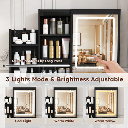Contemporary Black Vanity Desk with LED Mirror, 4 Drawers & Open Storage, Outlet & Dryer Holder, Includes Dressing Chair