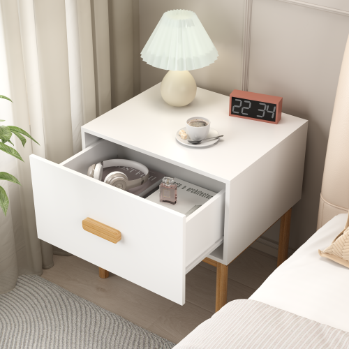 Modern White Nightstand with Drawer and Wood Legs, Minimalist Bedside Table with Handle for Bedroom, Living Room, Apartment