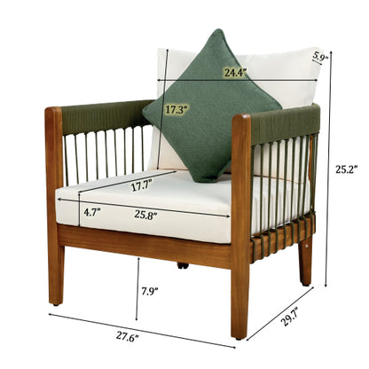 [Set of 2] Acacia Wood Outdoor Club Chair with Handwoven Rope Accents & Curved Backrest