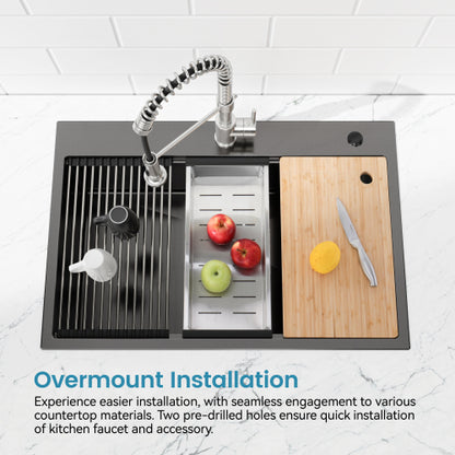 Stainless Steel Kitchen Sink, 33″x22″ Single Bowl, Overmount Handmade Sink in Black, with Cutting Board, Colander