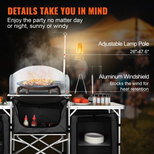 Camping Kitchen Table, Folding Outdoor Cooking Table with Storage Carrying Bag, Aluminum Cook Station 3 Cupboard & Detachable Windscreen, Quick Set-up for Picnics, BBQ, RV Traveling, Black