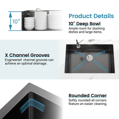 Stainless Steel Kitchen Sink, 33″x19″ Single Bowl, Undermount Handmade Sink in Black, with US Standard Drain and Hook