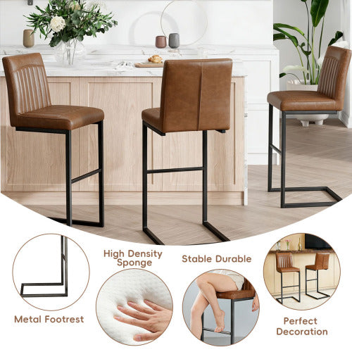 Back Brown Faux Leather Bar Stool ¨C Sturdy Black Metal Frame & Padded Seat, Stylish Seating for Kitchen Island, Home Bar & Dining Counter,2 Sets