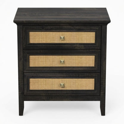 29.5-Inch Wide Boho Nightstand with 3 Drawers, Tall Rattan End Table with Storage
