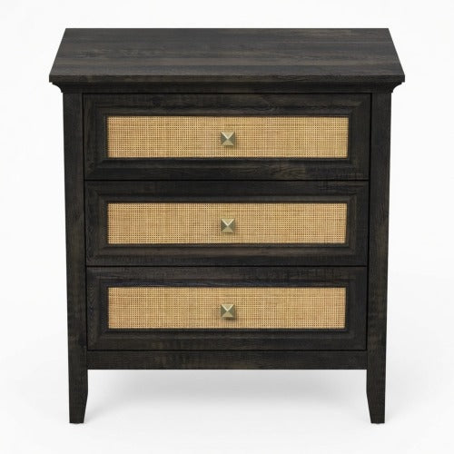 29.5-Inch Wide Boho Nightstand with 3 Drawers, Tall Rattan End Table with Storage