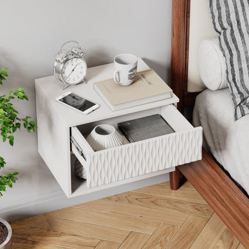 set of 2 nightstand with Modern Wall-Mounted Drawer Cabinet: Open Shelf, 3-Stage Rails, Carved Design, Anti-Wobble, DIY, for Bedroom/Living Room/Office