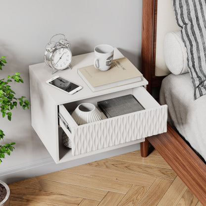 set of 2 nightstand with Modern Wall-Mounted Drawer Cabinet: Open Shelf, 3-Stage Rails, Carved Design, Anti-Wobble, DIY, for Bedroom/Living Room/Office