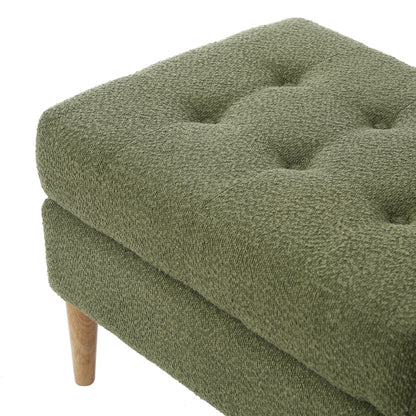 Olive Green Boucle Upholstered Ottoman, Tufted Footrest with Solid Rubber Wood Legs, 350 LBS Weight Capacity