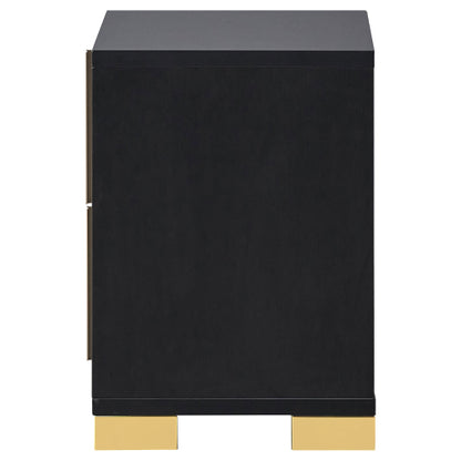 Black 2-Drawer Nightstand with Gold Accents, Modern Art Deco Bedside Table