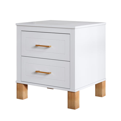 White Fluted Nightstand, 2-Drawer Bedside Table with Metal Handles & Solid Wood Legs