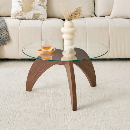 Claw Leg Round Glass Coffee Table Walnut MDF 27.5 Inch Load 300 lbs