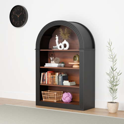 Arched 4-Shelf Tall Wood Bookcase Open Display Storage Shelf Black