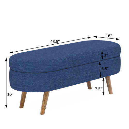 Blue Oval Linen Storage Ottoman Bench with Rubber Wood Legs, Upholstered Footrest 43.5 inch x16 inch x16 inch, 250 LBS Capacity