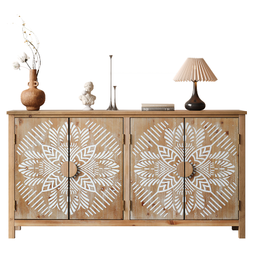 60 Inch Vintage Four-Door Wooden Accent Cabinet Multi-Purpose Buffet Cabinet TV Console For Entryway Living Room