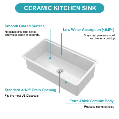 Undermount White Kitchen Sink Workstation - 33x19x10 inch White Porcelain Ceramic Single Bowl Dual Mount Kitchen Sink