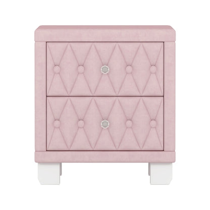Elegant Velvet Nightstand with 2 Drawers and Crystal Handle, Storage Bedside Table with Button-Tufted, Pink