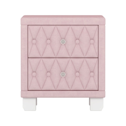 Elegant Velvet Nightstand with 2 Drawers and Crystal Handle, Storage Bedside Table with Button-Tufted, Pink