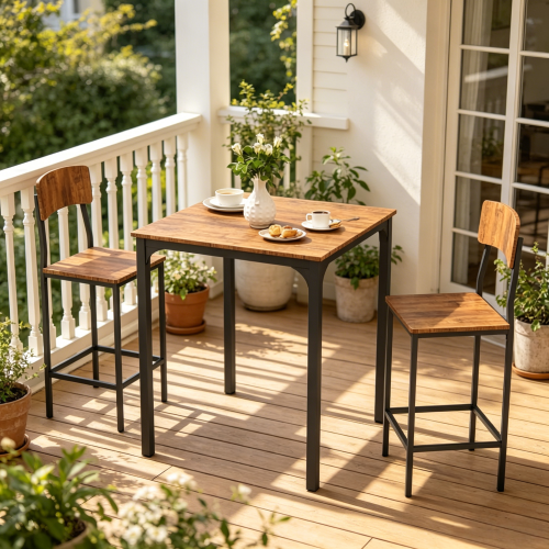 3-Piece Walnut & Black Industrial Dining Set, Square MDF Table & 2 Space-Saving Stools