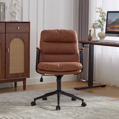 Office Chair,Mid Back Home Office Desk Task Chair with Wheels and Arms Ergonomic PU Leather Computer Rolling Swivel Chair with Padded Armrest,The back of the chair can recline 40°(Brown)