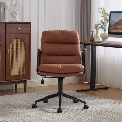Office Chair,Mid Back Home Office Desk Task Chair with Wheels and Arms Ergonomic PU Leather Computer Rolling Swivel Chair with Padded Armrest,The back of the chair can recline 40°(Brown)