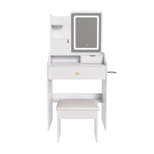 White 3-Color LED Vanity Mirror with Stool, 2 Drawers & 5 Storage Cabinets (4 Open + 1 Hidden), Adjustable Lighting