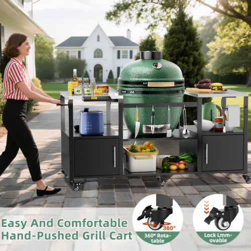 Outdoor Grill Table for Big Green Egg Style BBQ, Metal Grill Cart with Storage Box, Compatible with up to Large Green Egg, Kamado Joe Jr