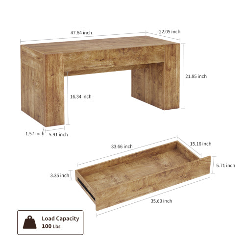 48 Inch Farmhouse Wooden Coffee Table with Hidden Drawer, Natural Wood