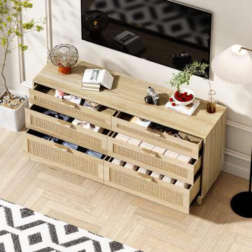 Natural Tone 6-Drawer Rattan Bedroom Storage Dresser With Metal Handle