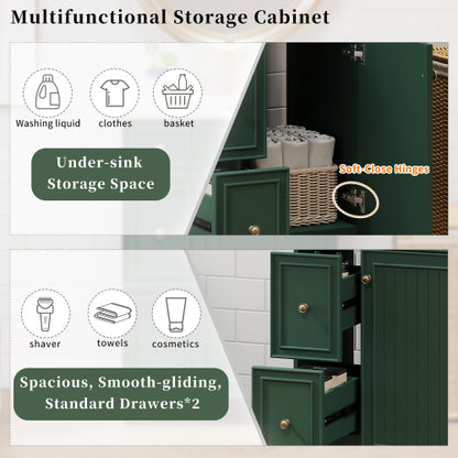 24" Forest Green Bathroom Vanity Cabinet with Ceramic Sink, 2 Drawers, 1 Soft-Close Door