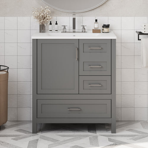 30" Gray Bathroom Vanity with Sink Combination Set, Bathroom Storage Cabinet with Soft Close Door, 3 Soft Close Drawers and Removable Tray, Solid Wood Frame