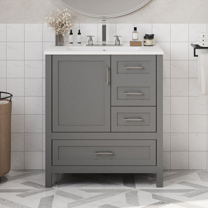 30" Gray Bathroom Vanity with Sink Combination Set, Bathroom Storage Cabinet with Soft Close Door, 3 Soft Close Drawers and Removable Tray, Solid Wood Frame